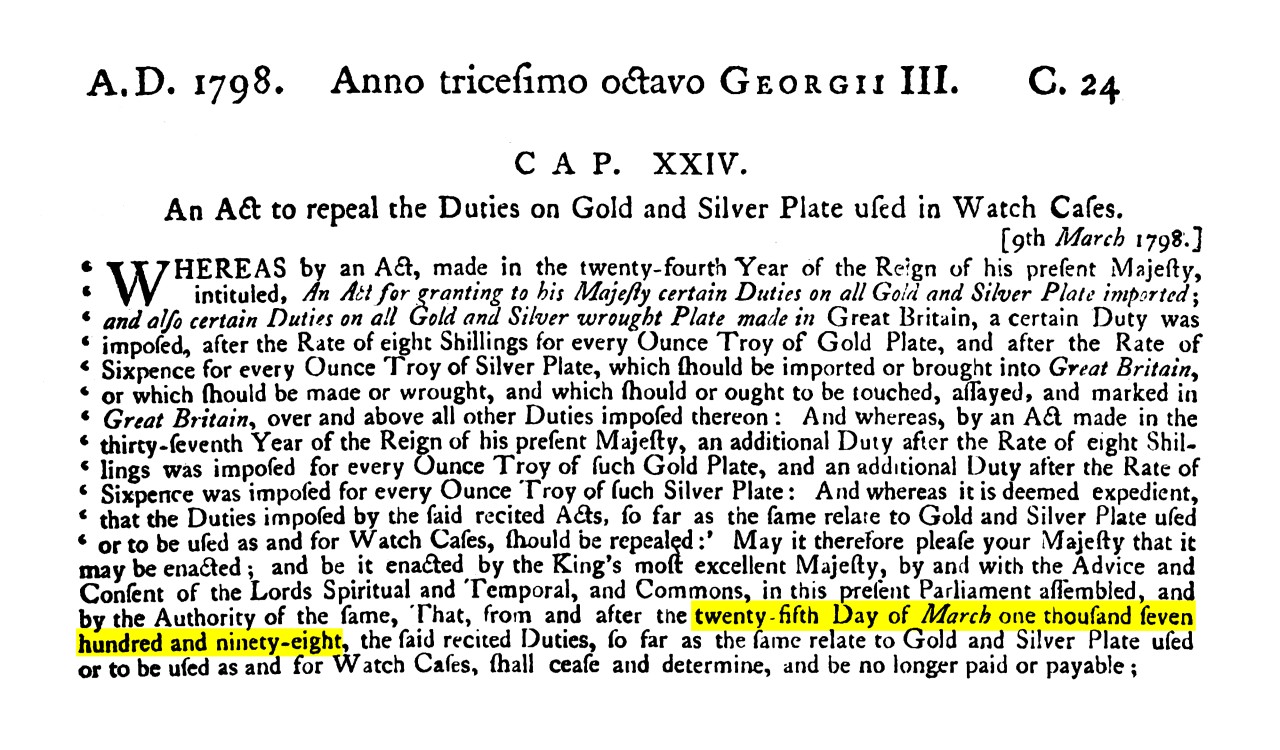 Repeal of Duties on Gold and Silver Watch Cases
