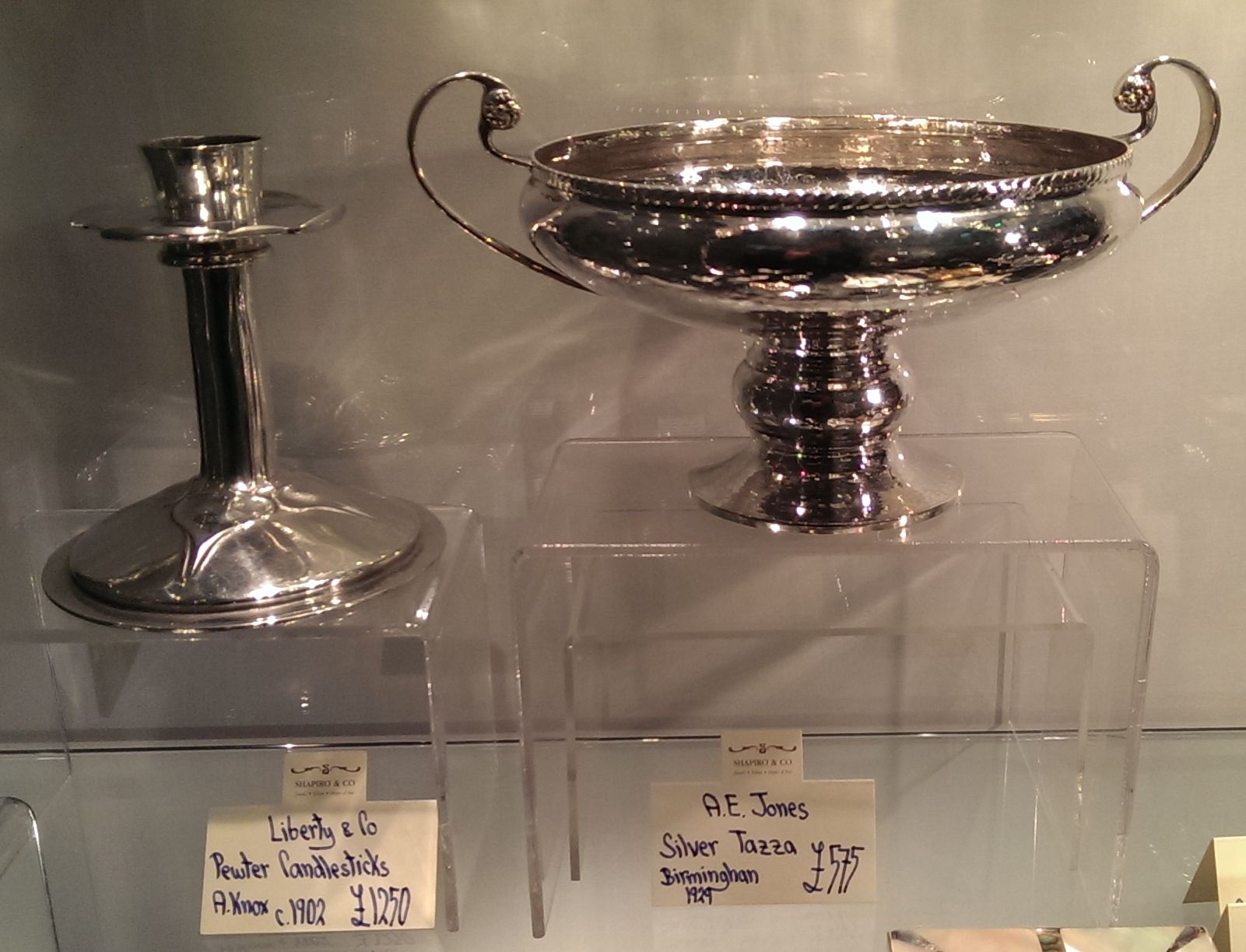 Pewter candlestick and silver tazza