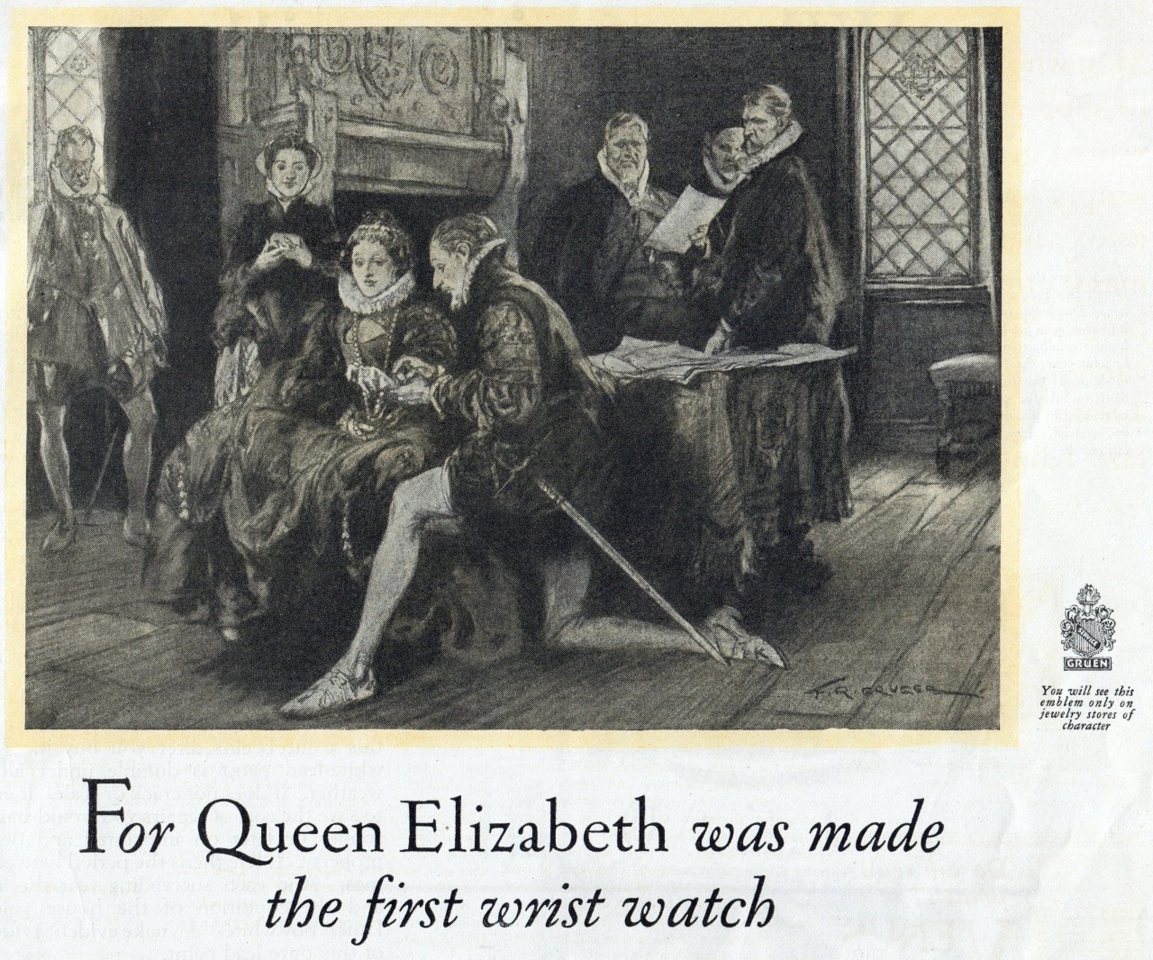 Queen Elizabeth Receiving a wristwatch in 1571. From a 1926 Gruen Advert.
