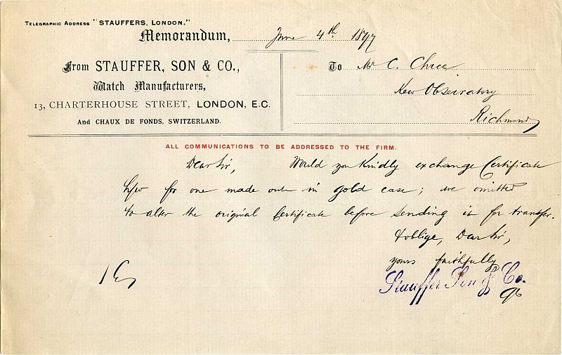 Stauffer letter to Dr. Chree at Kew