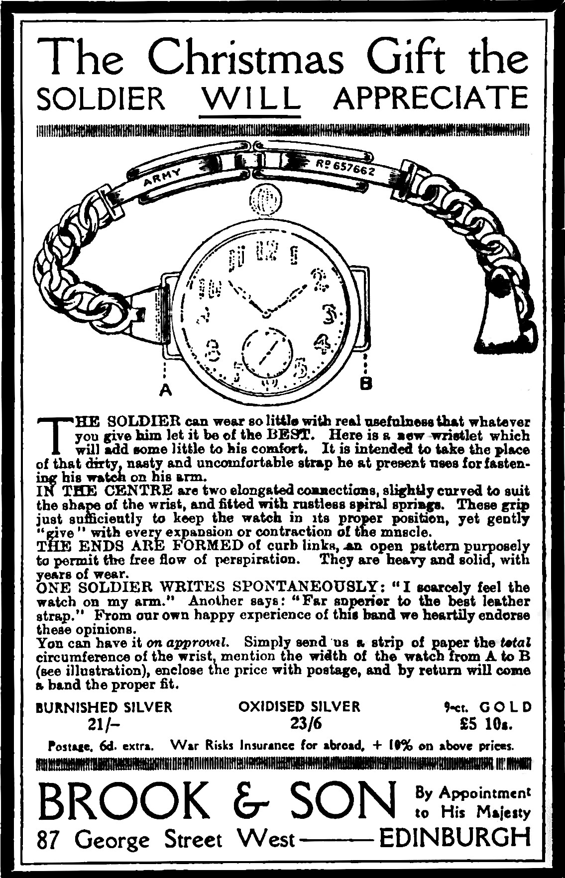 Brook & Son advertisement for ‘Army’ Bracelet, December 1918