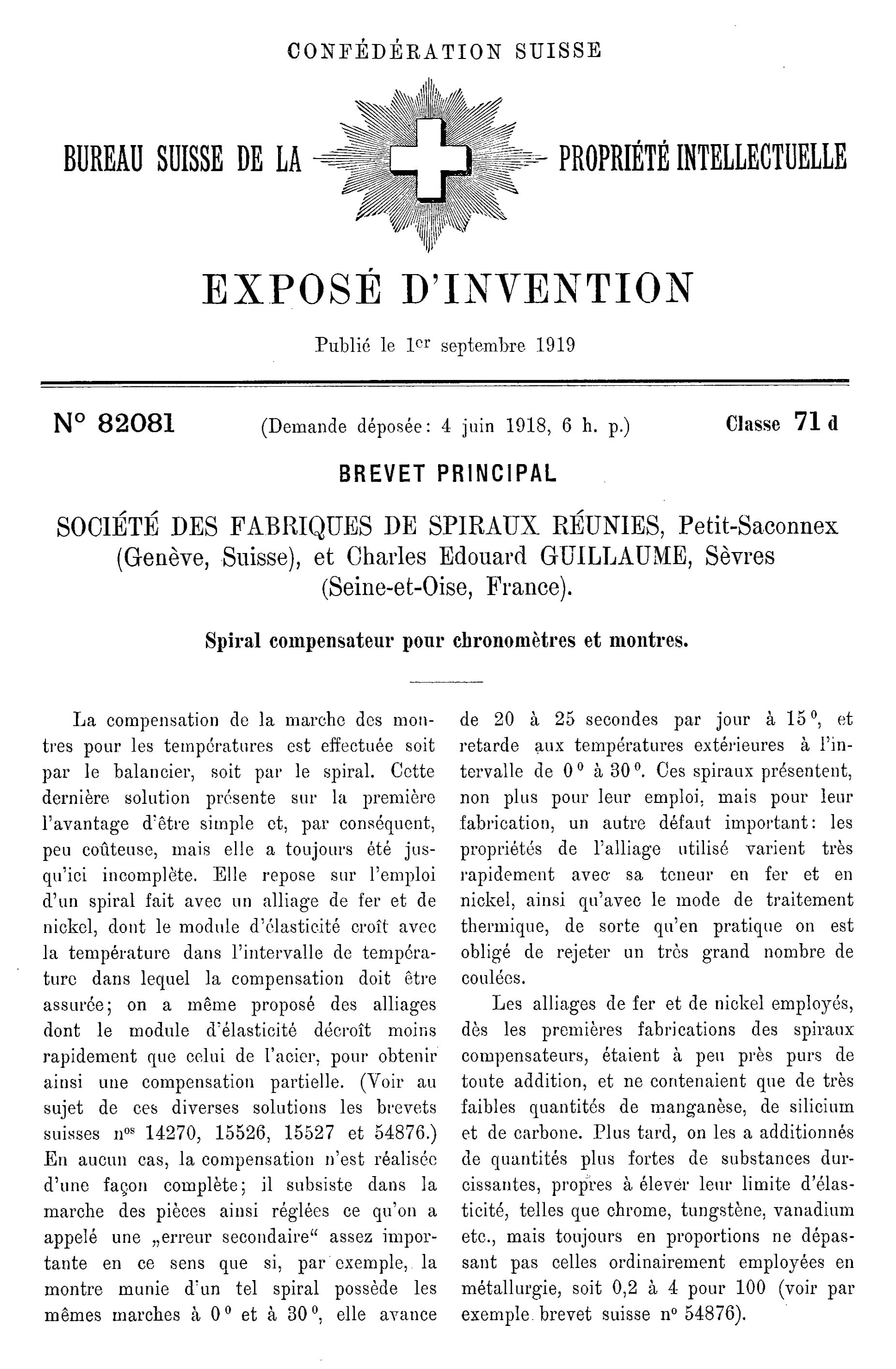 Figure 2 : Elinvar patent CH 82081, priority date 4 June 1918