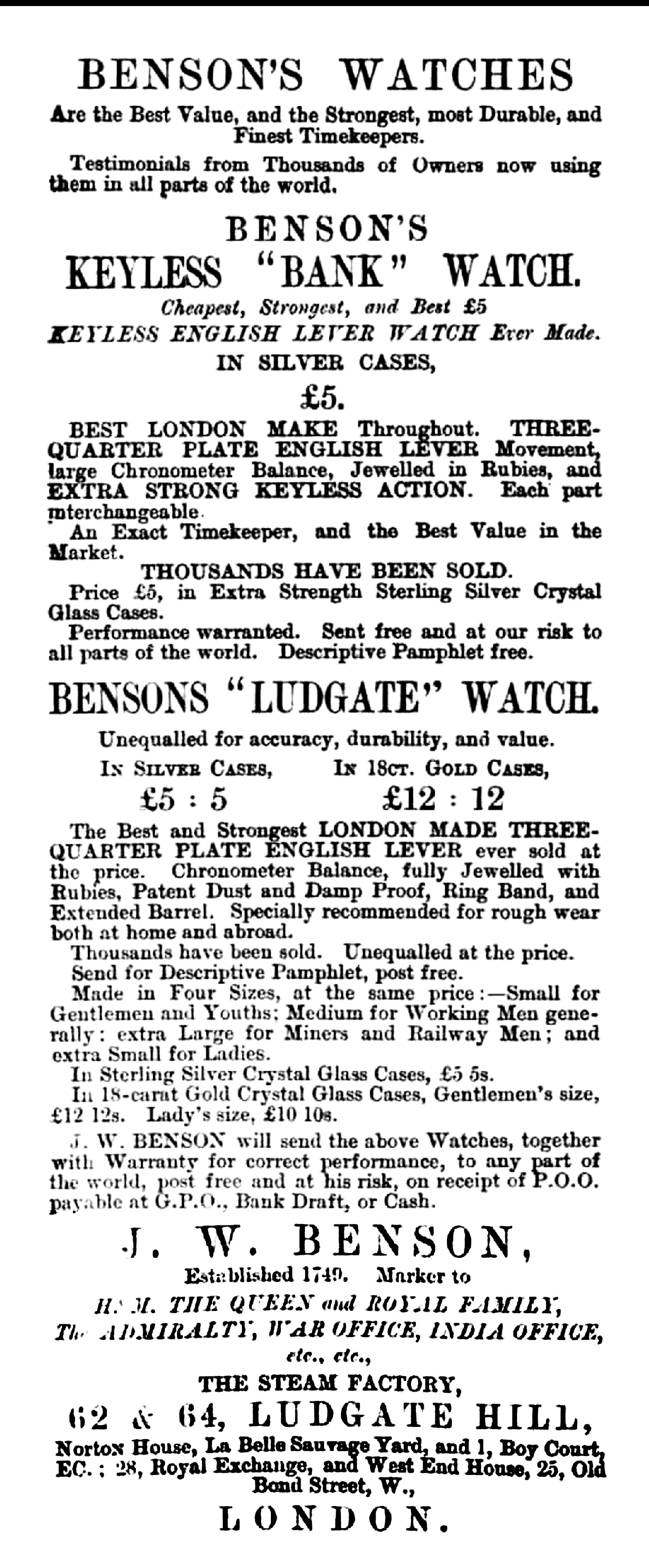 J W Benson advert December 1890