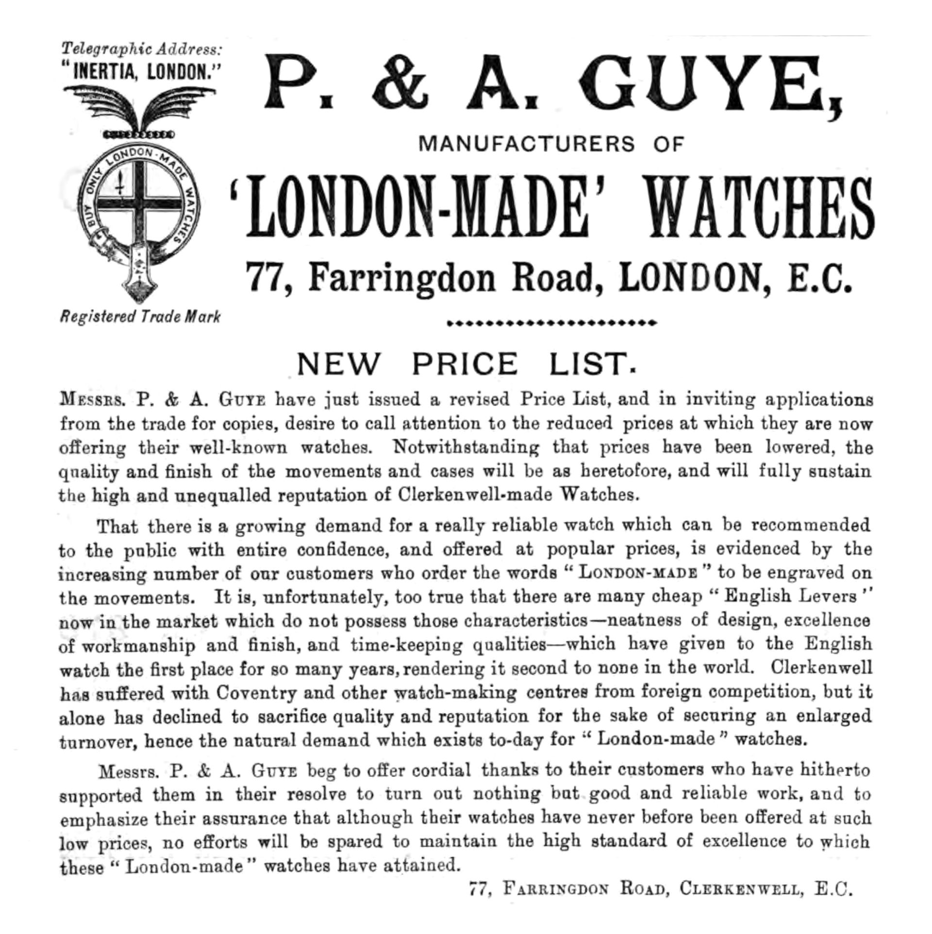 Advertisement by P & A Guye, Horological Journal August 1896