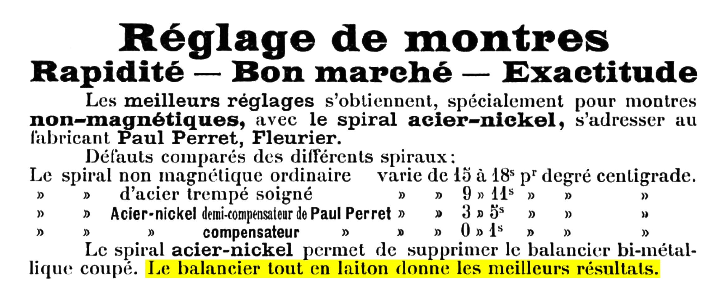Paul Perret 1901 advert for compensation balance springs
