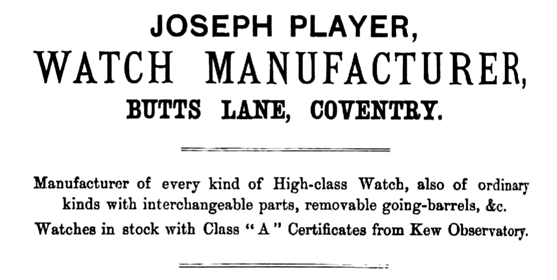 Joseph Player advert October 1884