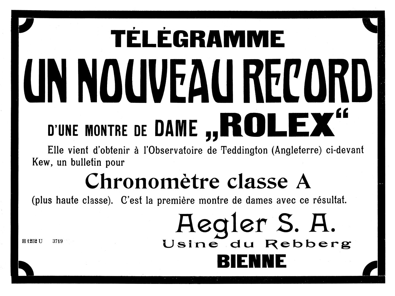 Aegler advert in 1914 announcing Kew A certificate