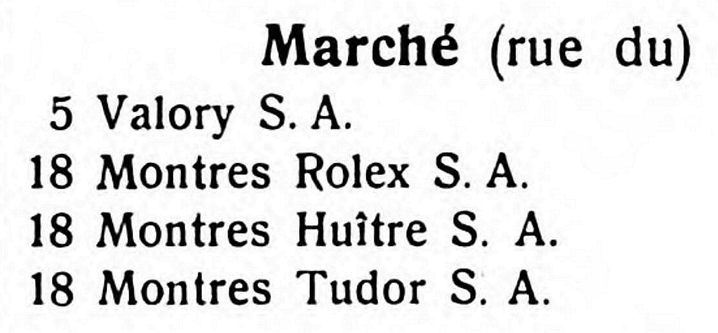Business listing of 1947: Montres Rolex, Montres Huître and Montres Tudor