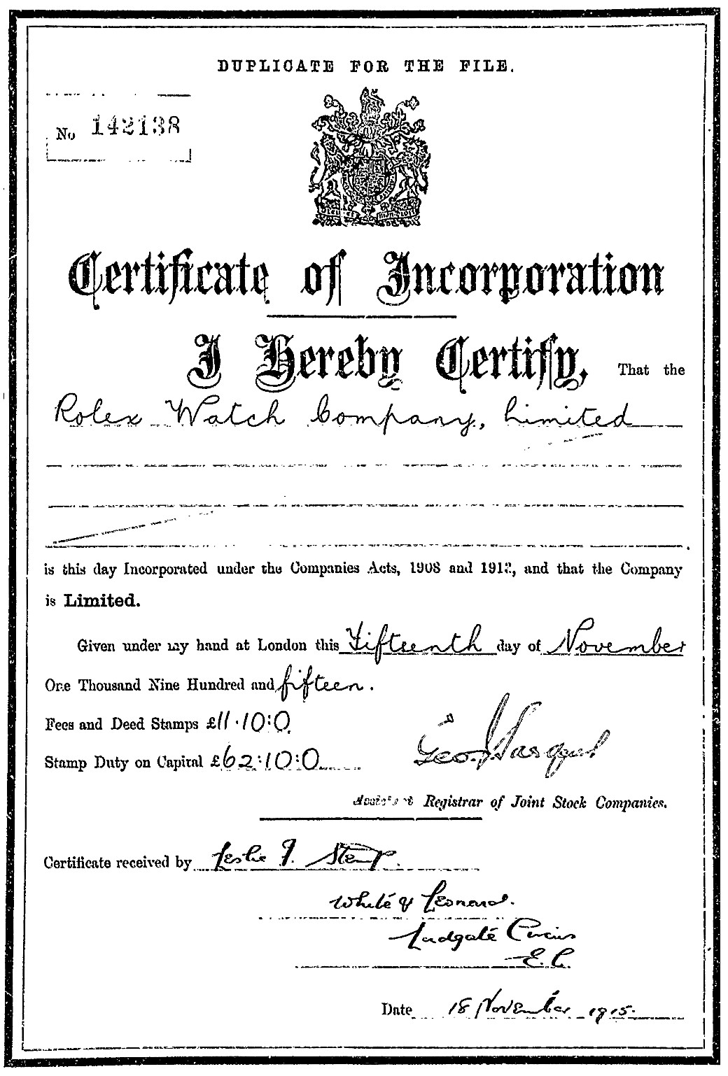Rolex Watch Company Limited Incorporation: 18 November 1915