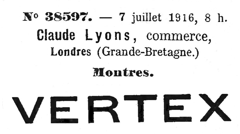 Claude Lyons registration of Vertex, 7 July 1916